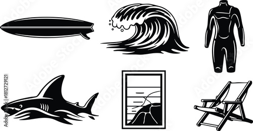Surfing icons set with surfboard wave wetsuit shark beach chair and window vector illustration