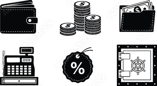 Wallet coins cash register discount tag safe deposit finance icons vector illustration
