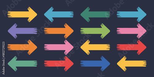 Colorful arrows pointing in opposite directions arranged in a grid on a dark background pattern design