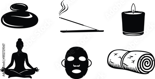 Spa meditation relaxation icons set with stones incense candle yoga mask and towel vector illustration