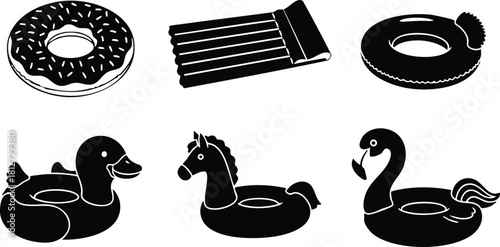 Black silhouette pool float inflatable ring donut swan duck horse summer water toy vector illustration