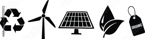 Sustainable energy and environment icons with recycle wind solar leaf and eco label vector illustration