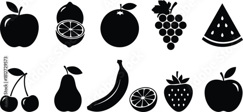 Black silhouette fruits vector illustration with apple orange grape watermelon cherry pear banana strawberry design elements