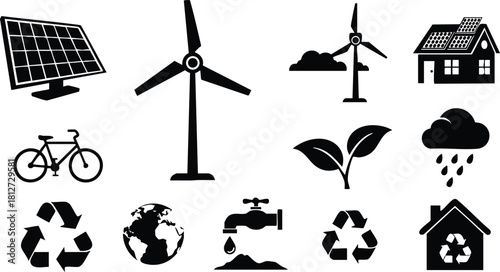 Renewable energy icons solar panel wind turbine recycling earth water conservation vector illustration