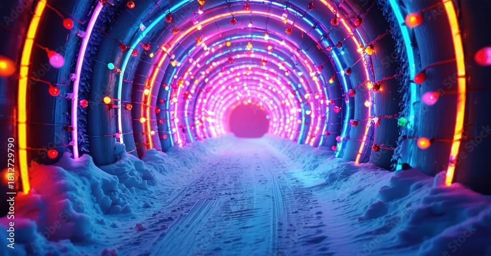 Fototapeta premium Bright tunnel glows with vibrant neon lights. Snow surrounds path leading toward distant purple light source. Dramatic perspective creates depth.