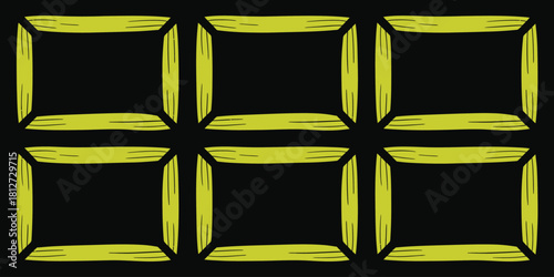 A grid of six yellow rectangular frames with dark interiors arranged symmetrically on a black background
