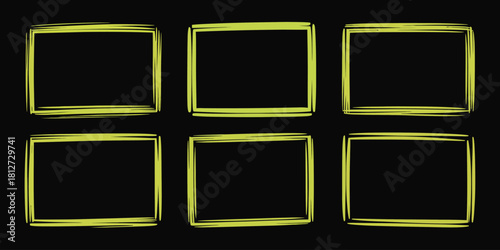 Six yellow rectangular frames arranged in two rows on a dark background creating a simple graphic design