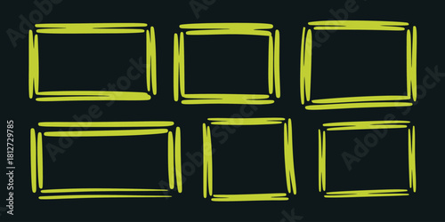 Six hand drawn yellow frames arranged in two rows on a dark background forming a grid pattern