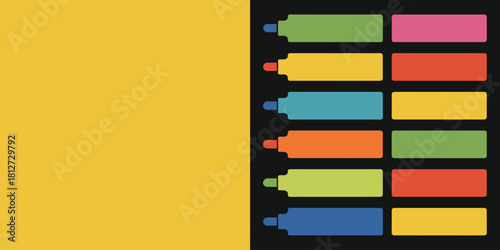 A split background featuring a yellow plane and colorful markers on a dark background on the right