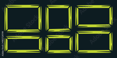 Six yellow frames arranged in two rows on a dark background creating a grid like structure design