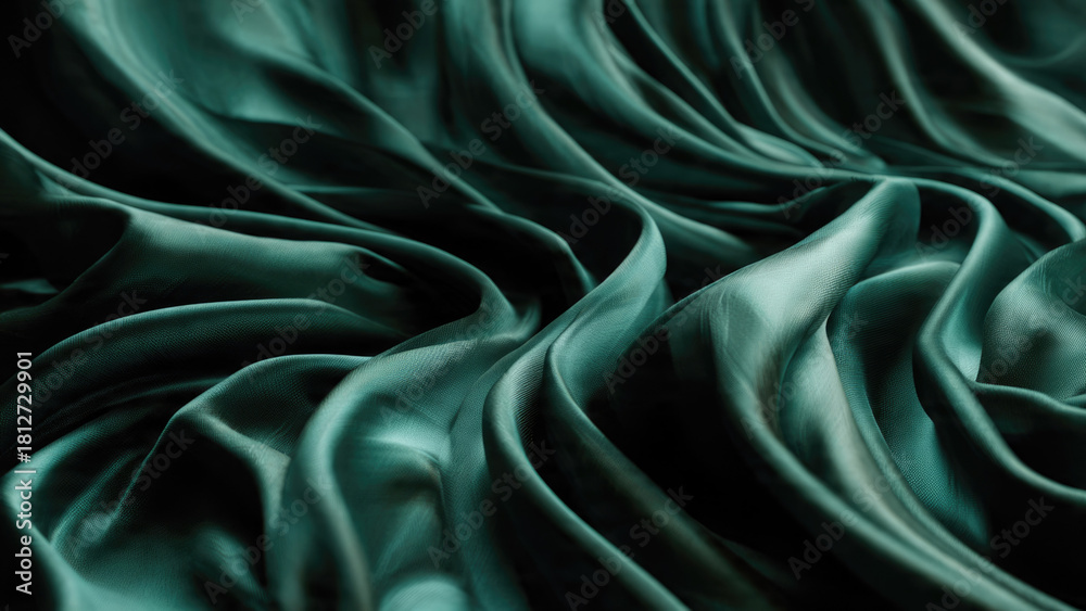 Obraz premium A luxurious, flowing fabric in a deep teal or emerald green, gracefully draped with soft highlights and shadows, creating an elegant abstract texture.