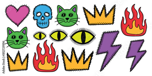 A collection of colorful cartoon drawings including hearts skulls cats crowns fire and lightning bolts