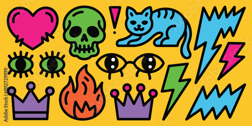 A colorful cartoon illustration with a cat, skull, heart, eyes, crowns and lightning bolts on yellow