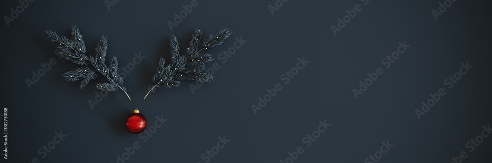 Fototapeta premium Minimalist Christmas composition featuring two pine branches arranged to resemble reindeer antlers. Christmas creative greeting card design with copy space and text. 3D Rendering, 3D Illustration