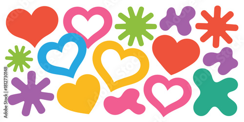 A colorful assortment of hearts and starburst shapes scattered on a white background creating a pattern