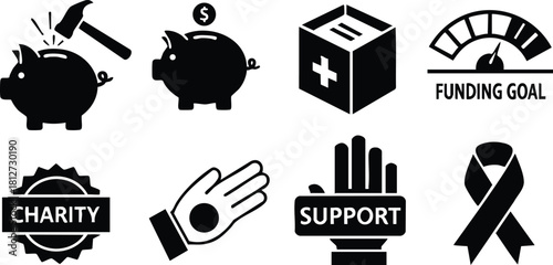Charity donation support funding goal piggy bank coin hammer ribbon vector icons set