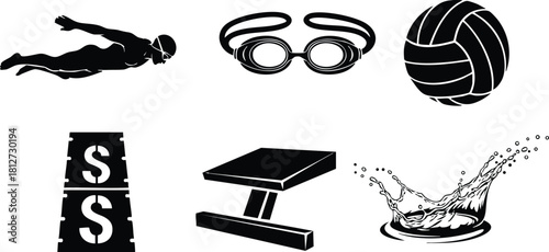 Swimming pool training icons swimmer goggles volleyball starting block splash water vector illustration