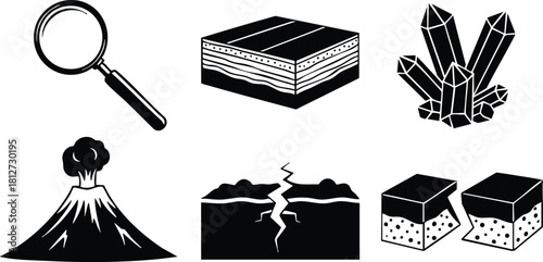 Geology icons magnifying glass rock layers crystals volcano earthquake earth crust vector illustration