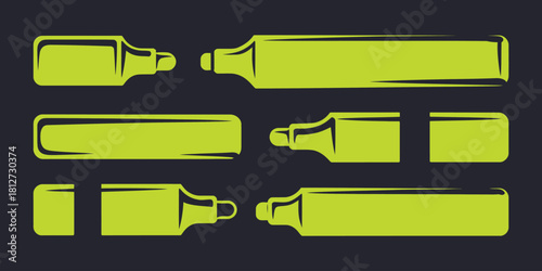A set of neon green marker illustrations with caps off and on a dark gray background in a vector style