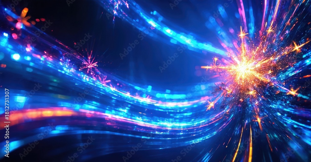 Fototapeta premium Bright energy explosion. Vivid blue, pink streaks radiate outward. Futuristic, dynamic visual effect. Intense light, motion blur present.