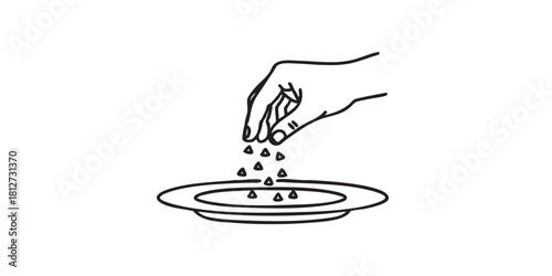 Hand with additive, seasoning and plate line icon, cooking concept. Vector graphics. Spices sign on white background, style icon mobile or web design.
