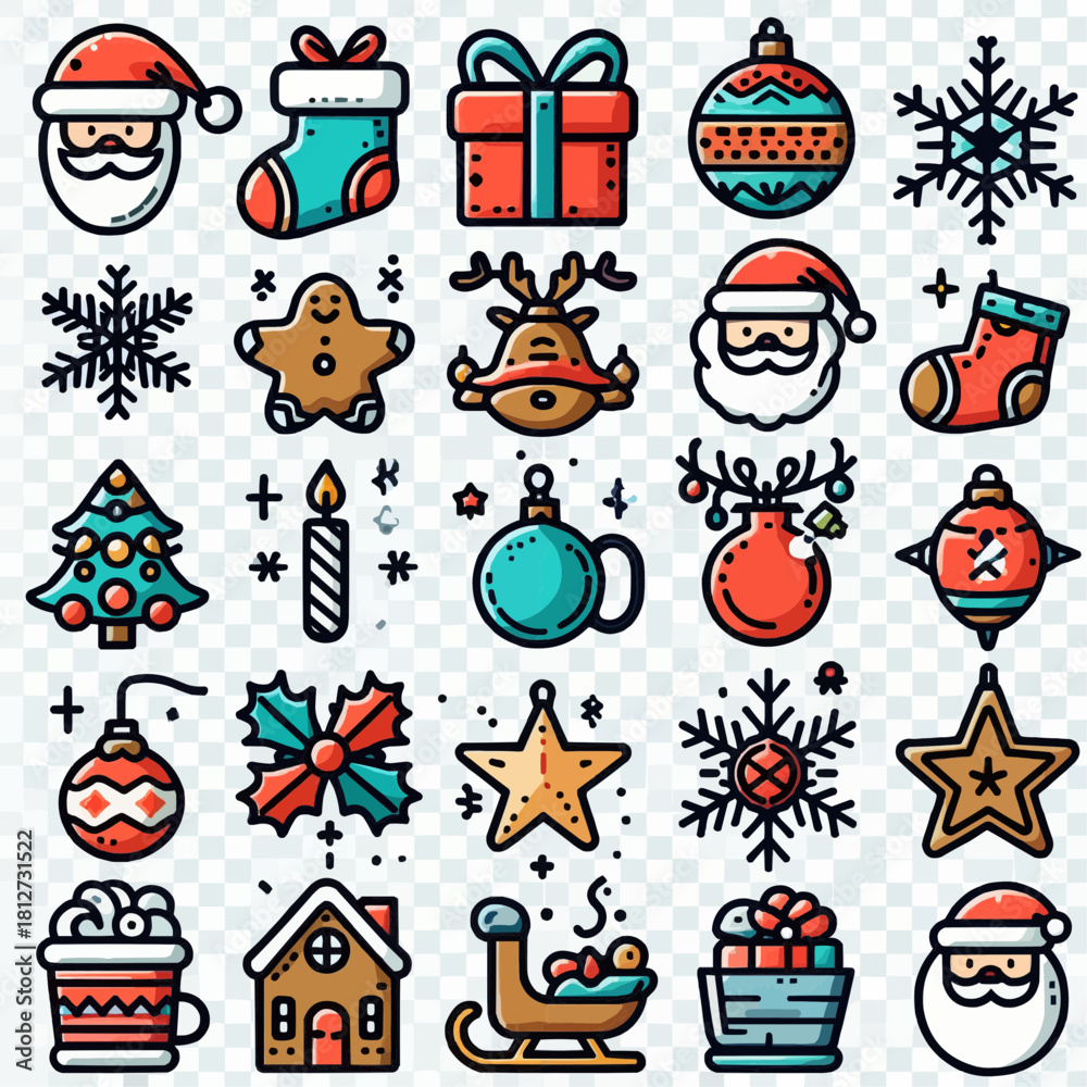 Naklejka premium Christmas icons collection in colorful doodle style 