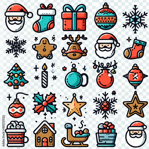 Christmas icons collection in colorful doodle style  