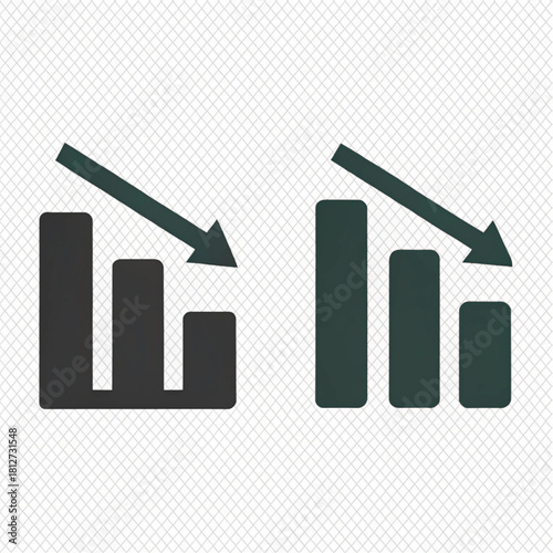 Two flat vector icons of a decreasing bar chart with a downward arrow, symbolizing loss and decline.