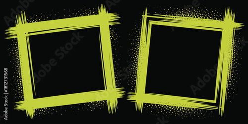 Two yellow square brush stroke frames on a black background with white dot pattern around them