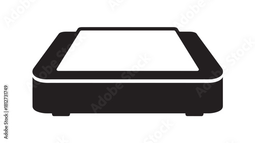 Scanner icon in simple black and white flat vector illustration for office equipment isolated on white background