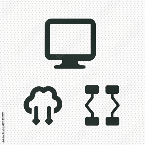 Solid black technology icon set: computer display, cloud storage, and network connectivity symbol.