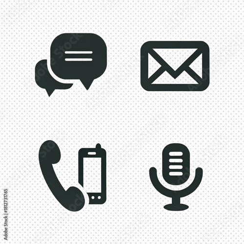 Set of four dark grey flat communication icons: chat bubbles, email envelope, phone, and microphone.