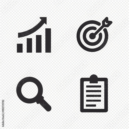Set of four black solid business icons: growth chart, target, search, and clipboard.