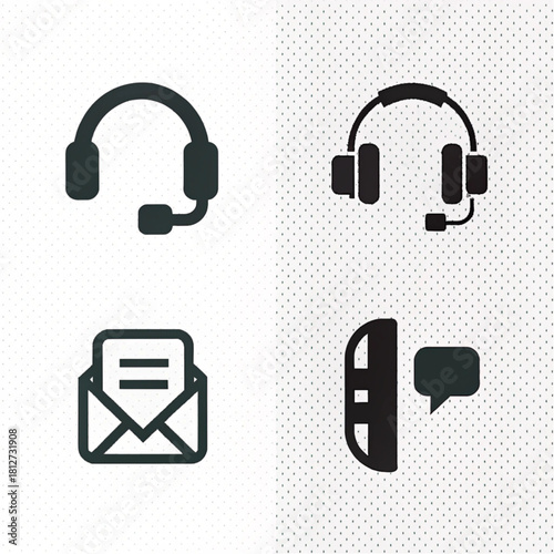 A set of four flat black communication icons: headset, open envelope, and mobile phone with a chat bubble, representing customer support and contact methods.