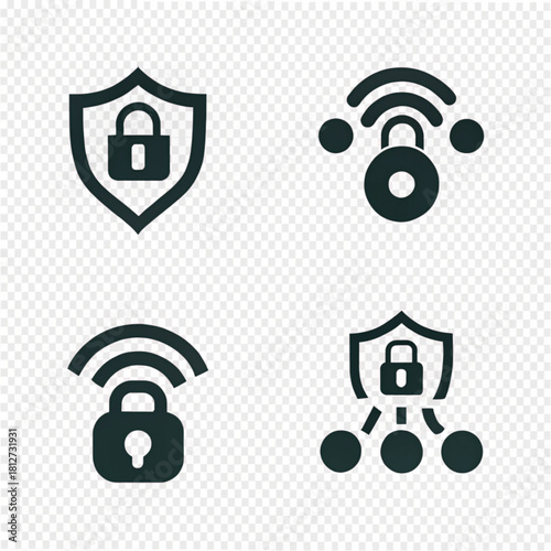 Set of four dark grey glyph icons for network security, featuring shields, padlocks, and Wi-Fi symbols.