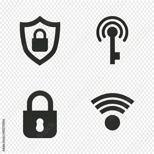 A set of four black flat security and connectivity icons: a shield with a lock, a smart key, a padlock, and a Wi-Fi symbol.