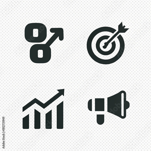 Flat black business and marketing icon set showing percentage growth, target goal, bar chart analytics, and megaphone.
