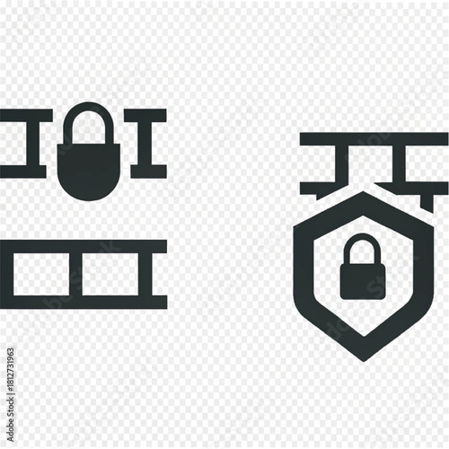 A set of two flat black security icons, one showing a firewall with a padlock and the other a shield with a lock.