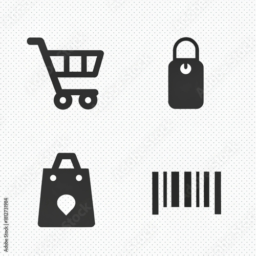 A set of four flat black shopping icons including a cart, price tag, logo bag, and barcode glyphs.
