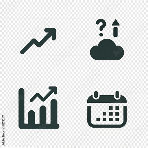 Set of four minimalist dark grey icons: growth arrow, cloud upload, bar chart, and calendar.