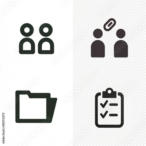 Set of four dark gray business glyph icons for teamwork, collaboration, files, and tasks.