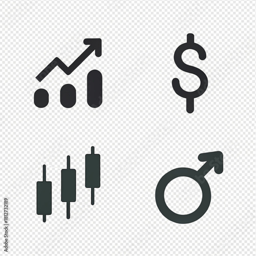 Set of four dark gray flat icons for business, finance, and gender, including a growth chart, dollar sign, and Mars symbol.