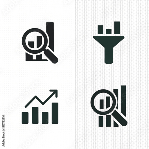 Collection of four solid black data analysis icons: bar chart with magnifier, sales funnel, and growth graph.
