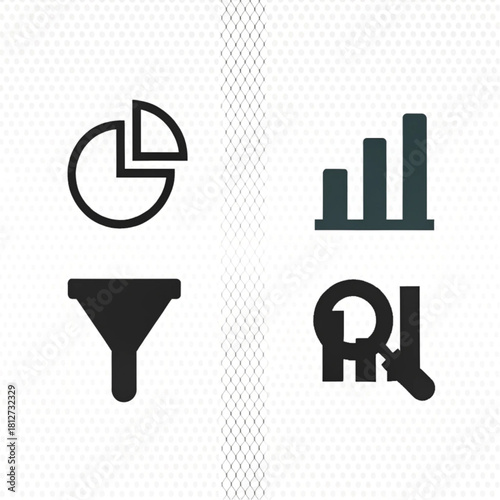 Set of four minimalist business analytics icons: pie chart, bar graph, sales funnel, and ROI magnifying glass.