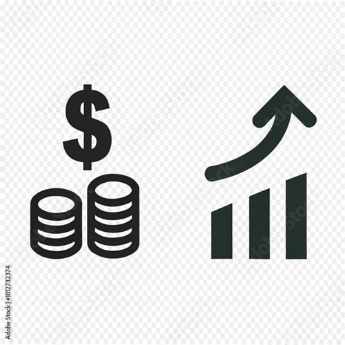 Black financial icons of stacked dollar coins and a rising bar graph with an upward arrow.