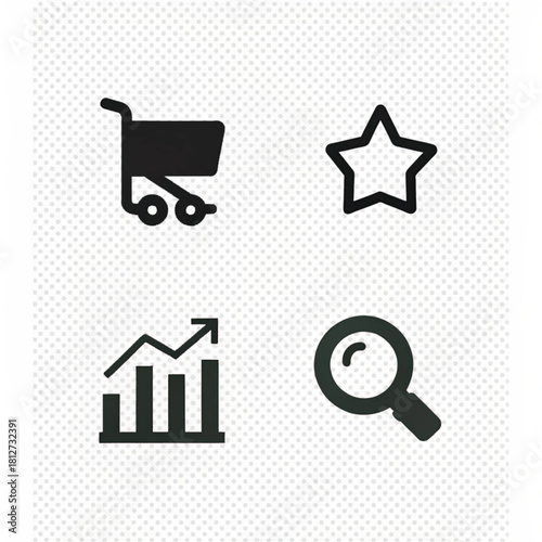 A set of four black, flat vector icons for e-commerce, including a shopping cart, star, growth chart, and magnifying glass.