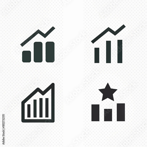 A set of four minimalist black icons for business analytics, growth charts, and data visualization.