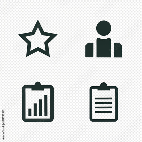 A set of four dark gray flat business icons: outlined star, user profile, analytics chart, and task list.