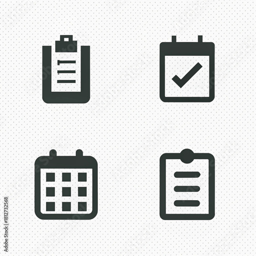 Set of four dark grey flat icons for planning and scheduling, featuring a clipboard, list, calendar, and a checkmark symbol.