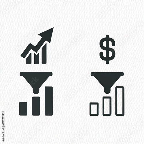 Set of black glyph icons showing a sales funnel converting data into a growth chart and a dollar sign.